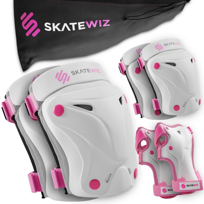 SKATEWIZ Knee and Elbow Pads Adult - Skating Protective Gear - PROTECT-1 - Size L Pink White - Wrist Guards Skating Pads, Skateboard, Roller Skate, Ice Skates For Women - Image 1